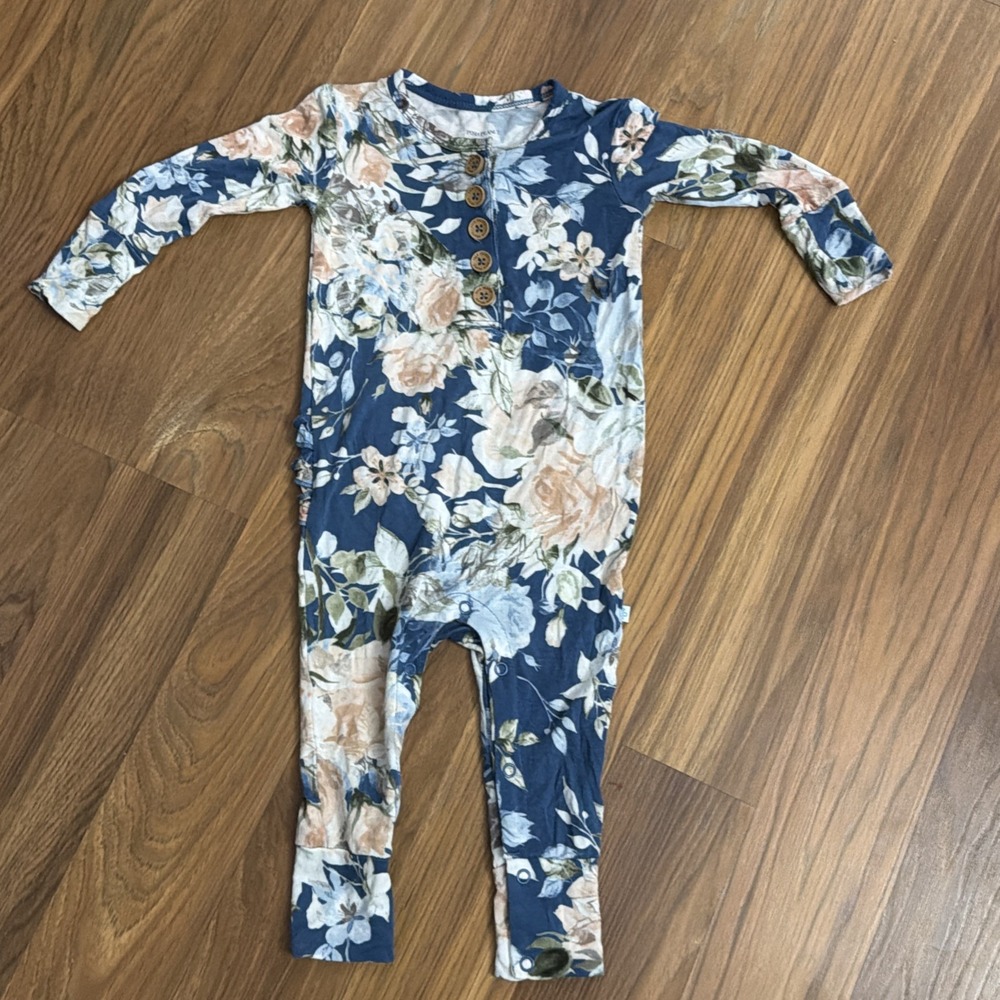 Posh Peanut Baby Girls 12-18 Months Blue Floral Ruffle Bum Outfit Bamboo